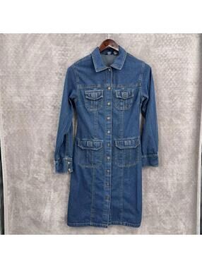 Dizzy Lizzy Shirt Dress Womens Large Blue Denim Button Front Long Sleeve Pockets